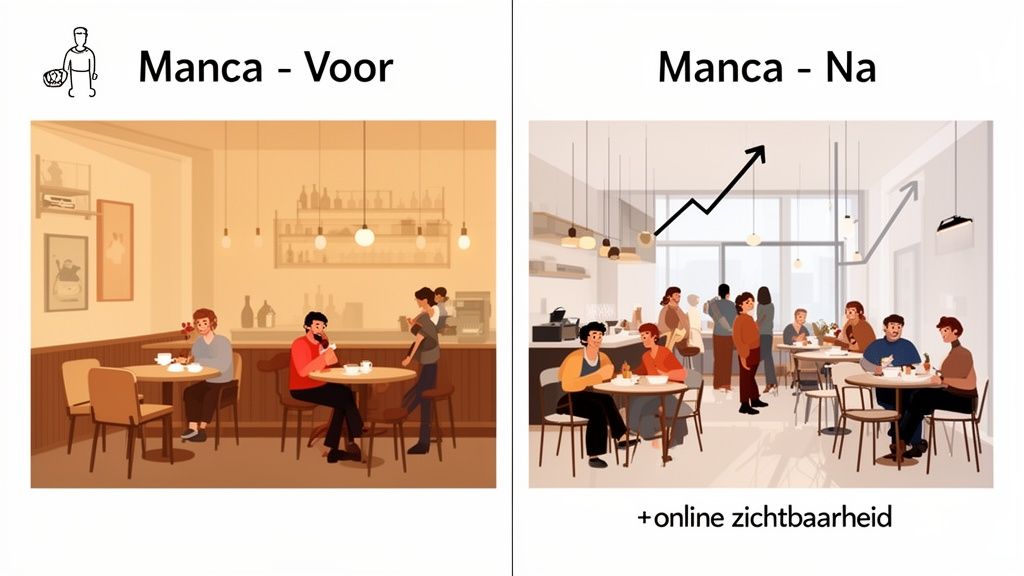 Een voor en na vergelijking van café Manca, met een toename in klanten en online zichtbaarheid.