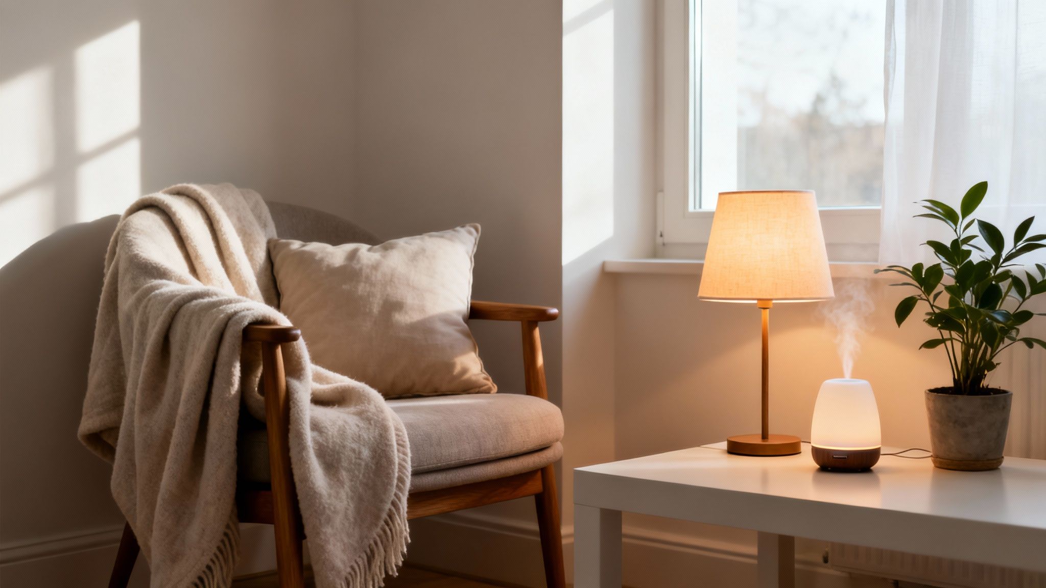 Gezellige kamer met fauteuil, deken, kussen, lamp, diffuser en plant bij raam met zonlicht.