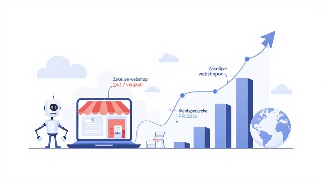 Een robot en laptop met webshop, tonen zakelijke groei via een grafiek en wereldbol.