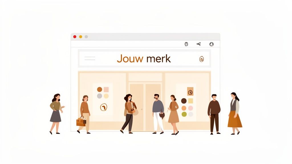 Illustratie van mensen die een digitale merkervaring bekijken op een browserscherm met 'Jouw merk'.