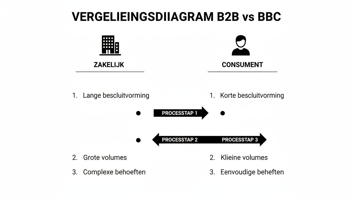 Vergelijkingsdiagram tussen B2B en Consument, toont verschillen in besluitvorming, volumes en behoeften met bijbehorende processtappen.