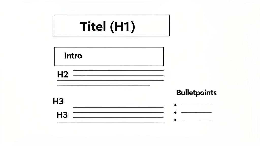 Een schematische weergave van de structuur van content met kopteksten (H1, H2, H3), introductie en bulletpoints.