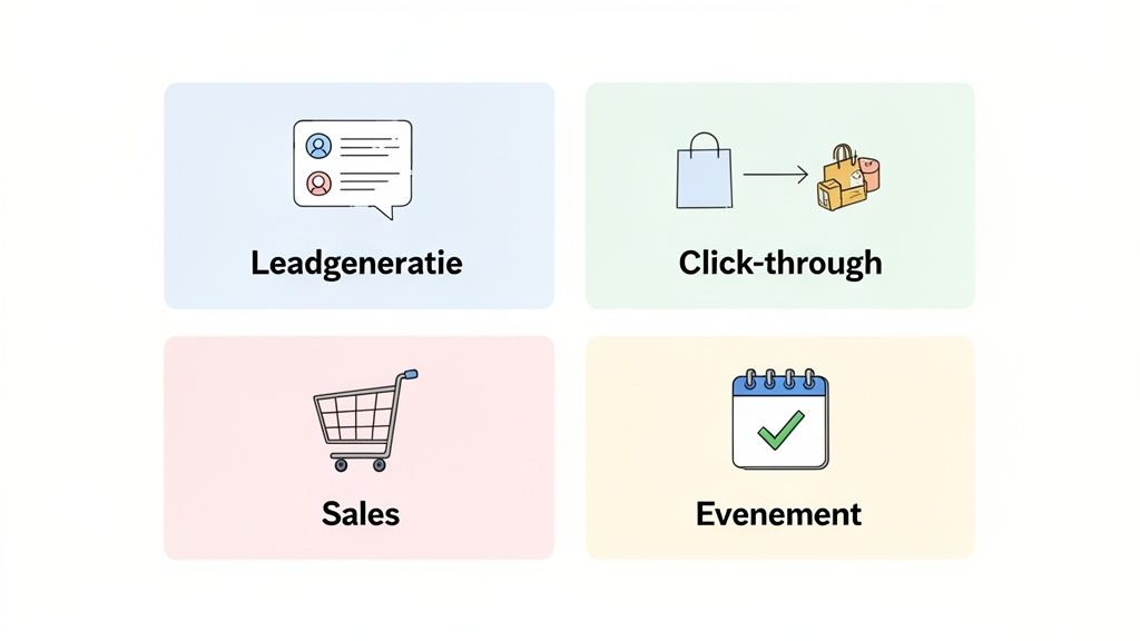 Vier iconen die verschillende marketingdoelen of conversietypes voorstellen: leadgeneratie, click-through, sales en evenementen.