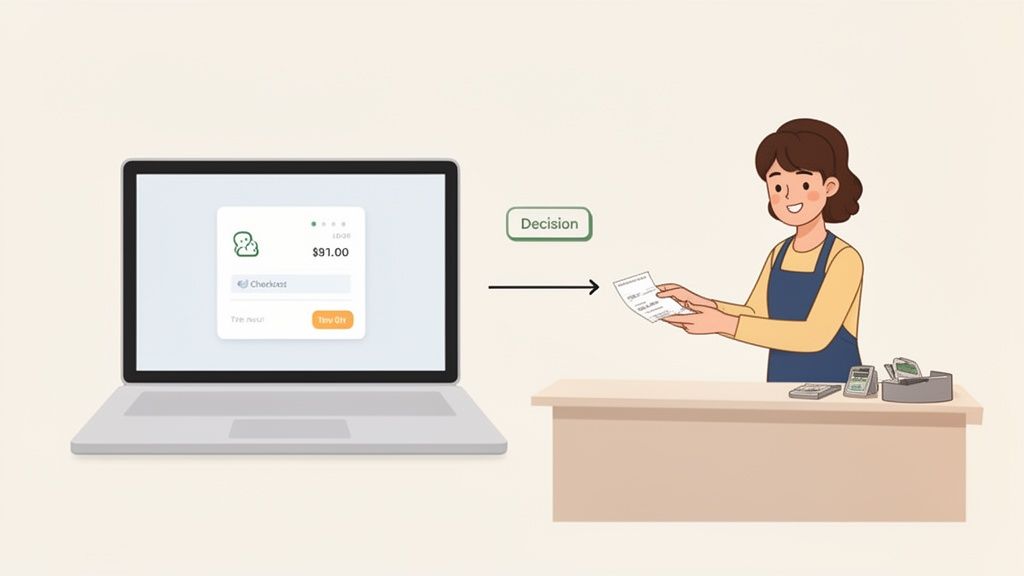 Een illustratie van een online betaalscherm op een laptop en een kassamedewerker met een bon.