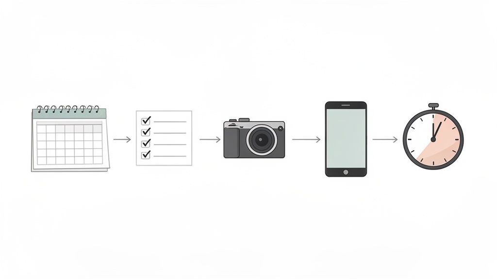 Een illustratie van een proces van kalender naar checklist, camera, smartphone en stopwatch, wat contentcreatie en planning symboliseert.