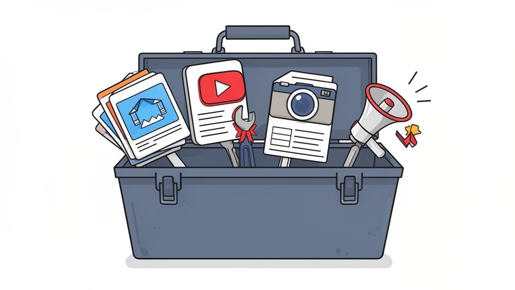 Een open gereedschapskist met social media content tools zoals afbeeldingen, YouTube-video's, een camera en een megafoon.