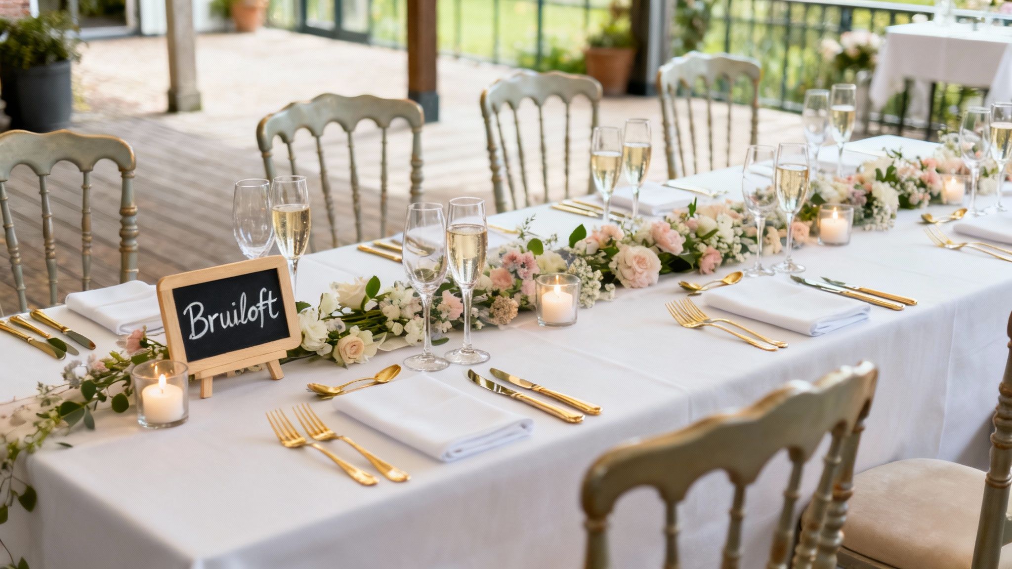 Sfeervol gedekte tafel voor een bruiloft met bloemen, kaarsen, champagneglazen en gouden bestek.