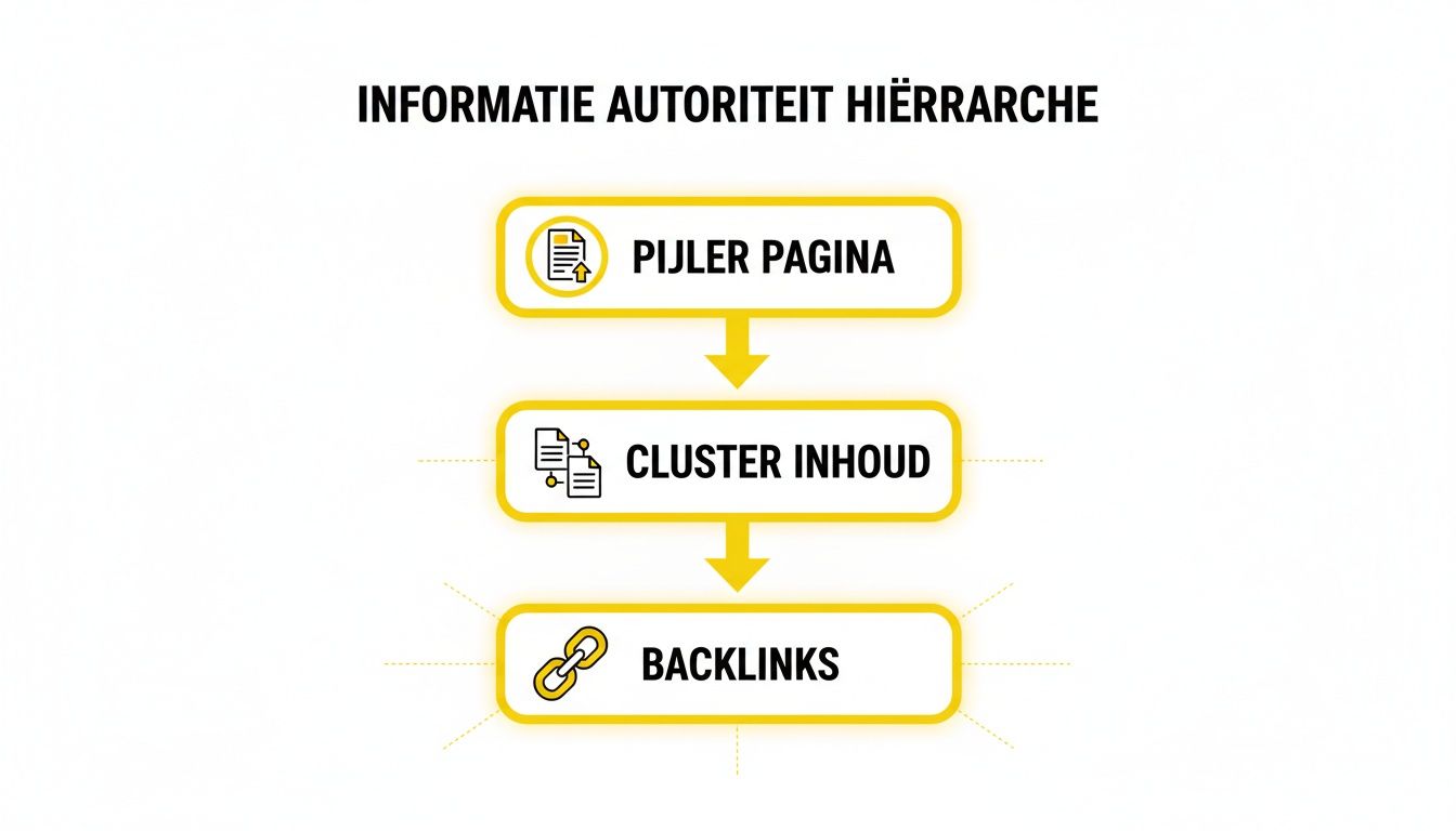 Afbeelding van de hiërarchie van informatieautoriteit met pijlerpagina, clusterinhoud en backlinks.