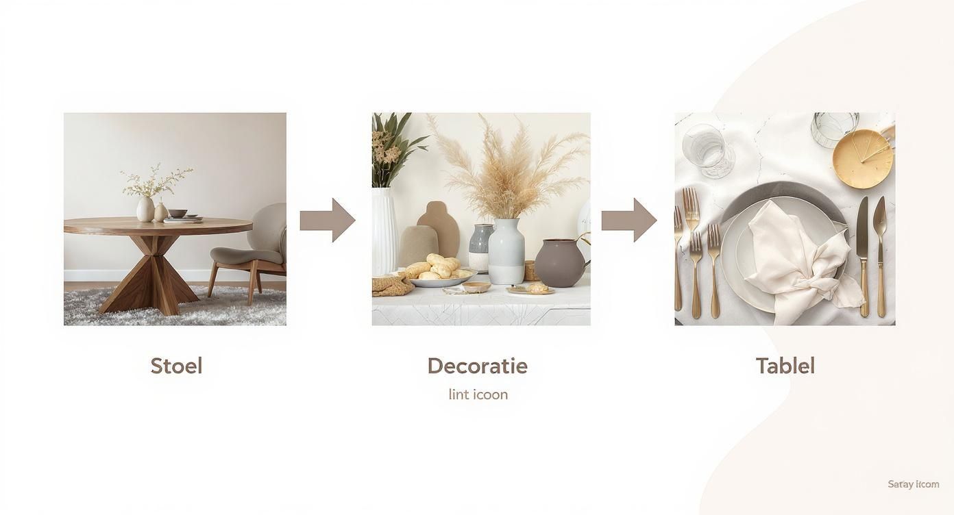Een drieluik van een houten tafel met stoel, diverse decoratie-items en een elegant gedekte eettafel.