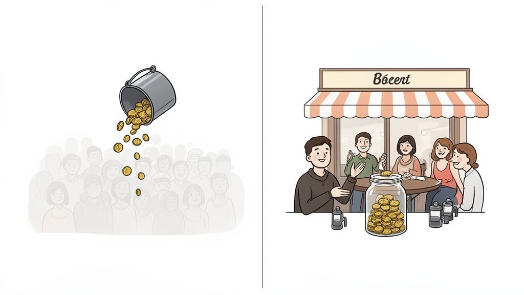 Afbeelding toont contrast tussen munten die over een menigte vallen en munten in een pot bij een specifieke groep mensen.