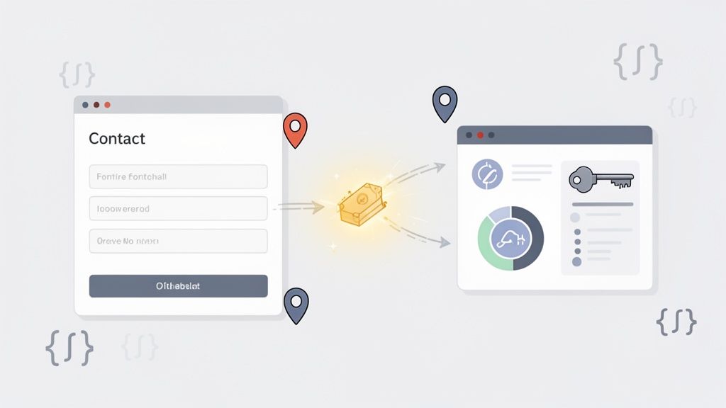 Een contactformulier stuurt gegevens via een API-koppeling naar een dashboard voor verwerking en analyse.