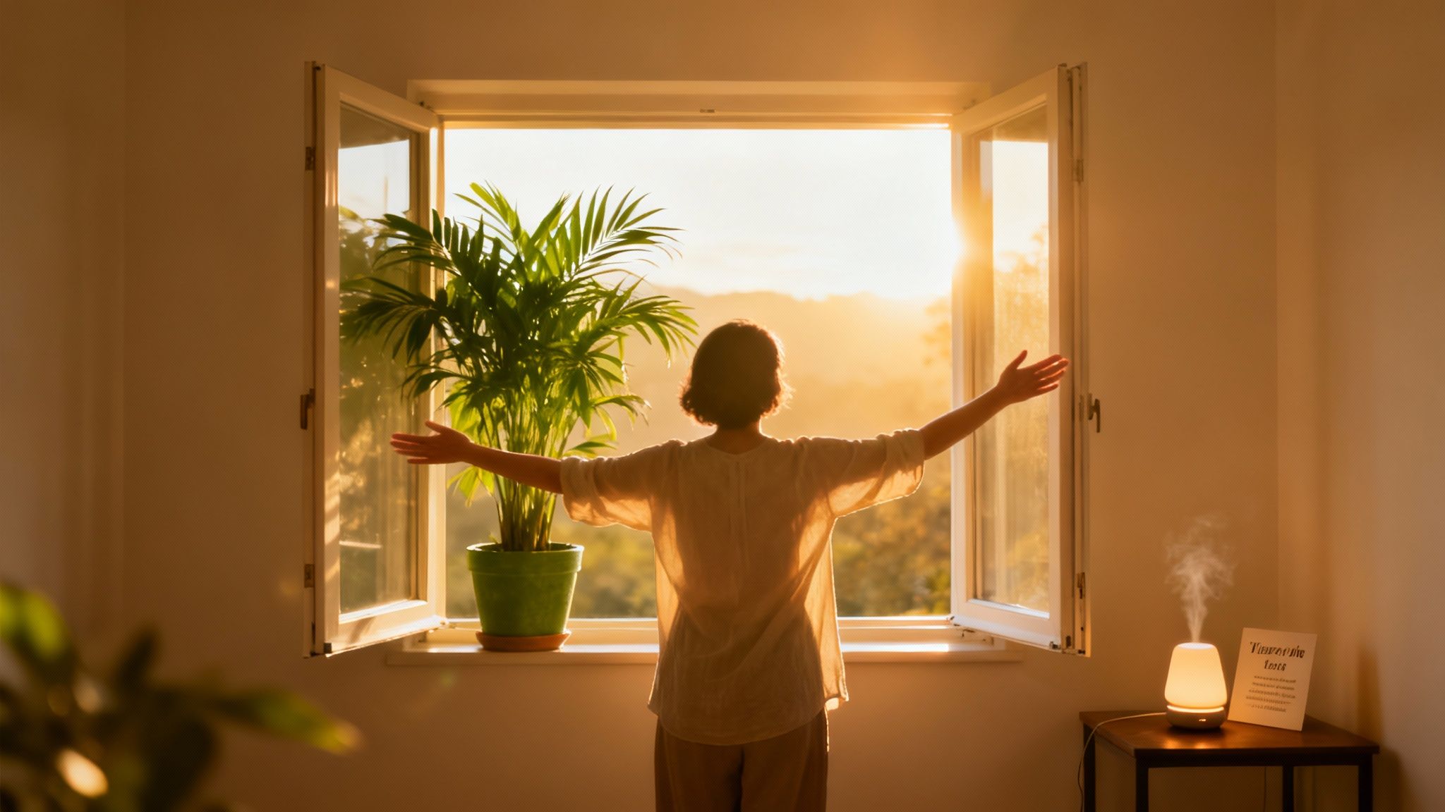 Planten en zonlicht vullen een kamer met positieve energie