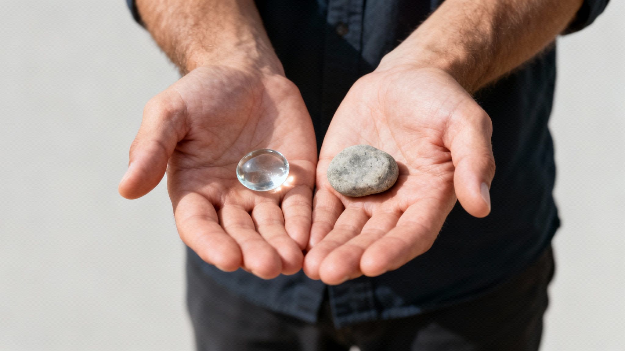 Handen tonen twee stenen symbool voor intuïtie keuze maken helder transparant versus natuurlijk