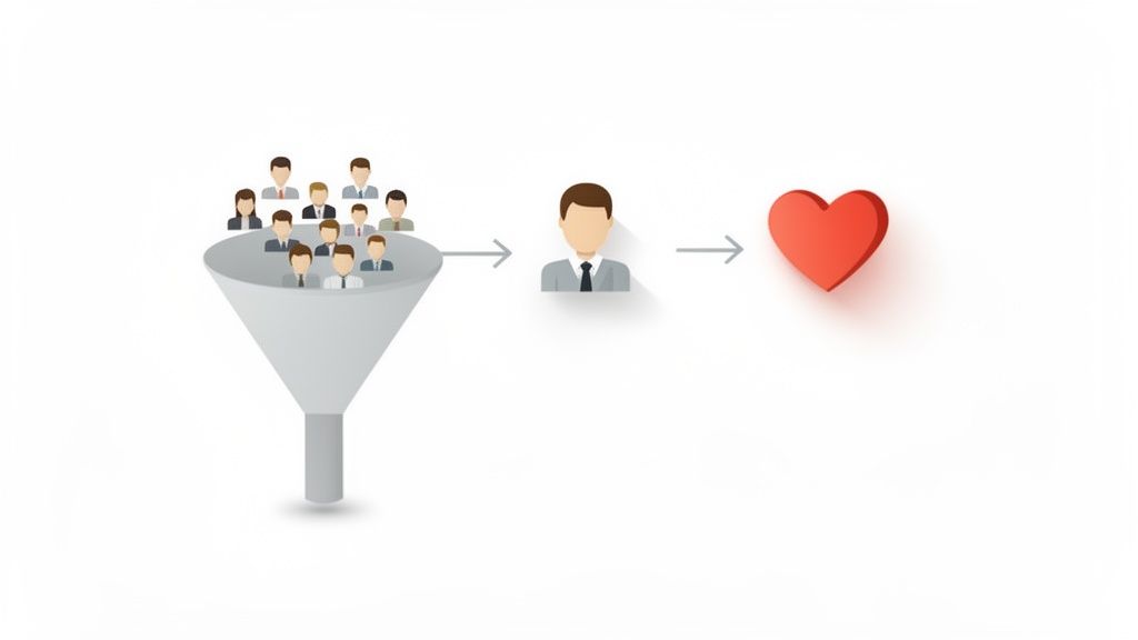Afbeelding van een trechter die een grote groep mensen filtert naar één individu en een rood hart, symbool voor klantloyaliteit.
