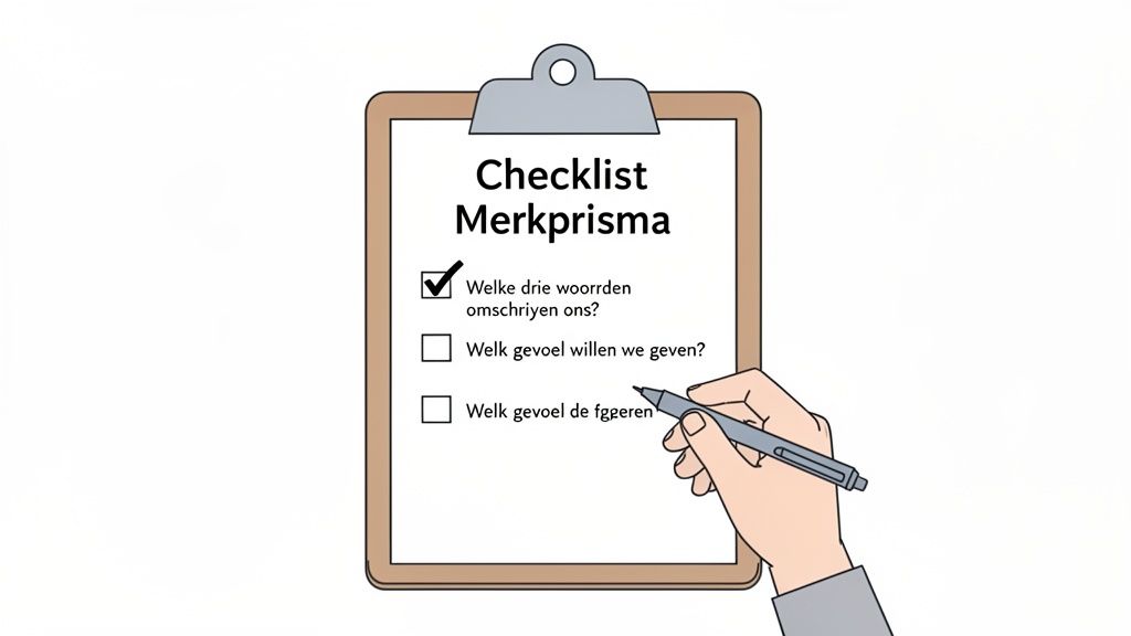 Een checklist voor het merkprisma met vragen over merkidentiteit. Een hand met pen overloopt de taken.