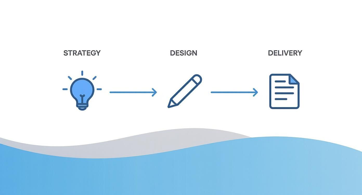 Een blauwe gloeilamp, potlood en document in een stroomschema voor strategie, ontwerp en levering.
