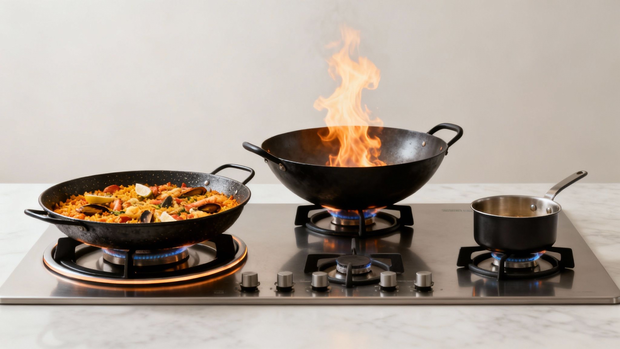 Een close-up van een grote paellapan op een ringbrander, rijk gevuld met ingrediënten.