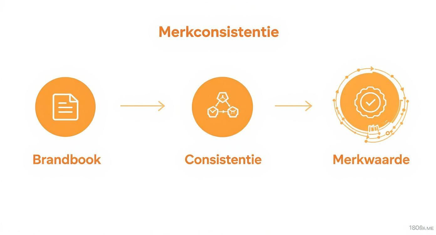 Visuele weergave van merkconsistentie: van brandbook via consistentie naar merkwaarde.