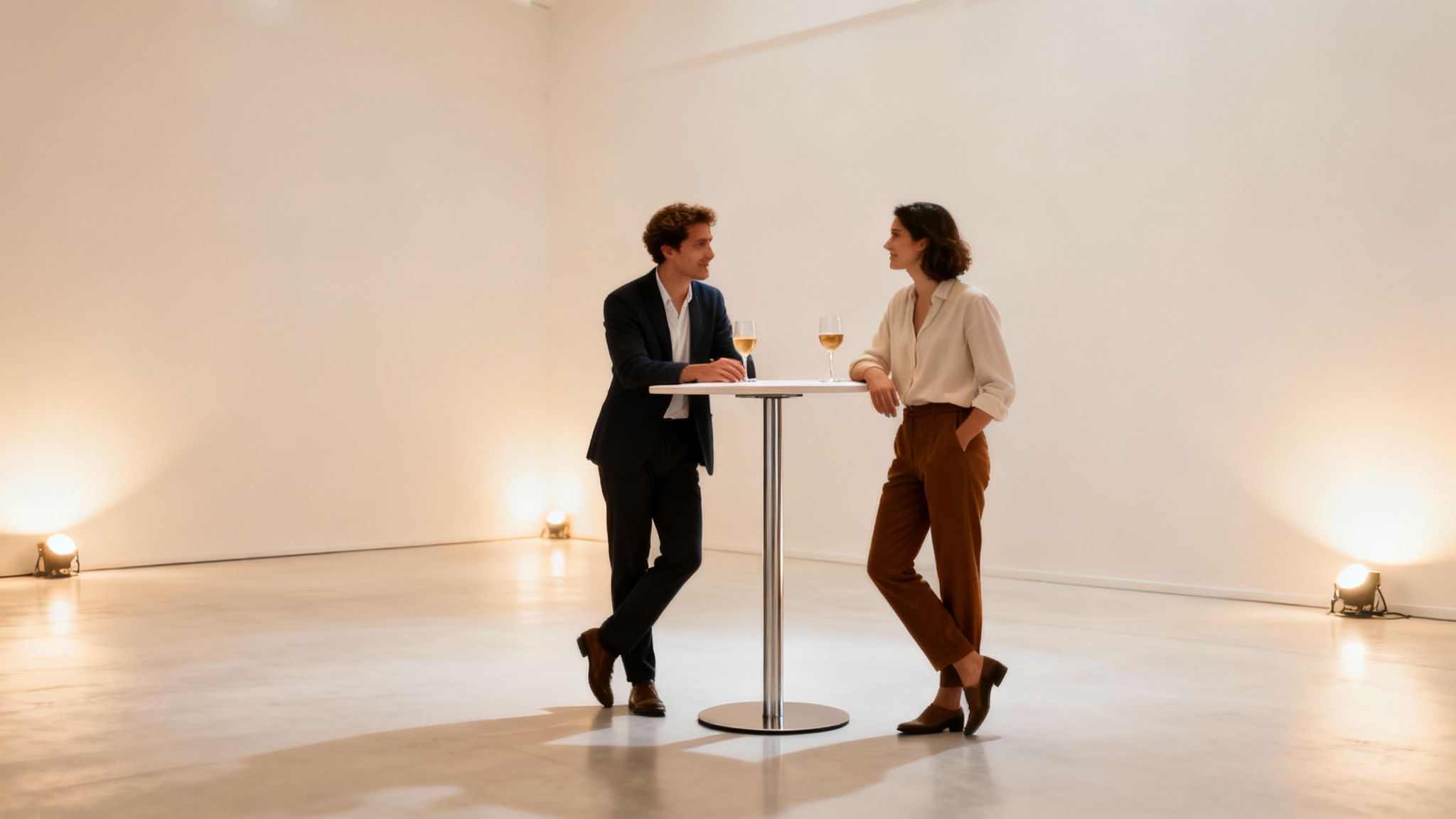 Twee mensen staan aan een statafel, drinken en praten met elkaar in een modern verlichte ruimte.