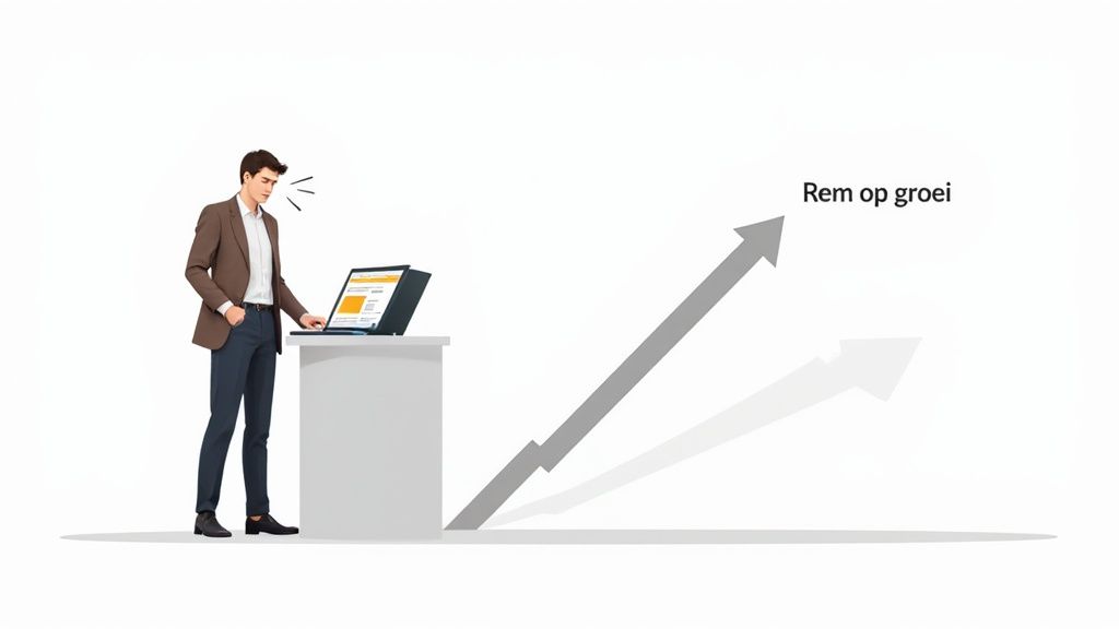 Illustratie van een man bij een laptop, kijkend naar een opwaartse pijl en de tekst 'Rem op groei'.