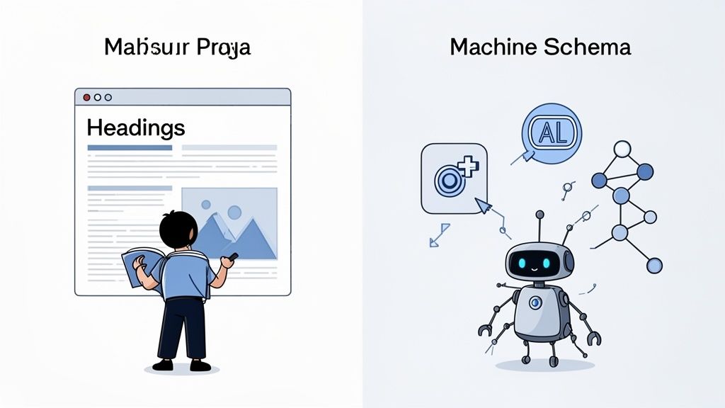 Afbeelding over SEO: menselijke content creatie vergeleken met machine schema's en AI-data.