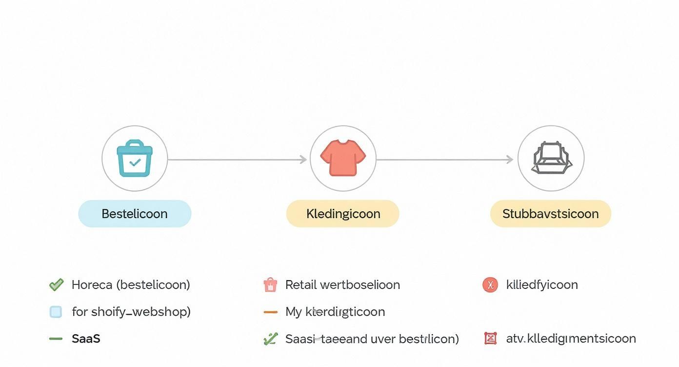 Een procesdiagram toont de stroom van een bestelicoon via een kledingicoon naar een stub-icoon, met een legenda eronder.
