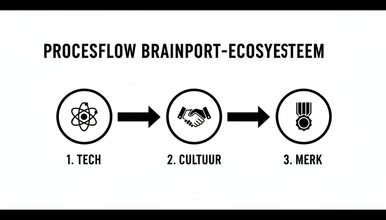 Processtroom van het Brainport-ecosysteem met stappen technologie, cultuur en merk, geïllustreerd met icons en pijlen.