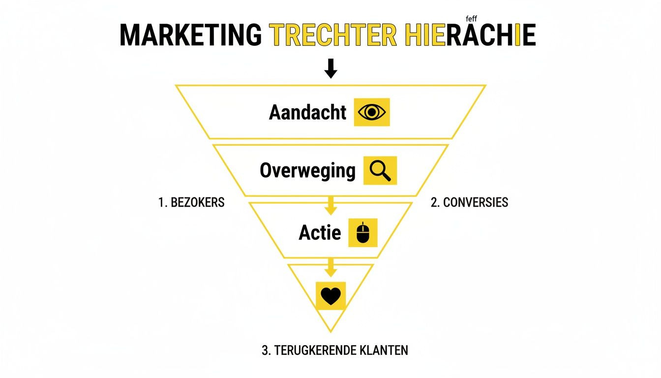 Een marketing trechter diagram dat de fases van aandacht, overweging en actie toont, leidend tot terugkerende klanten.