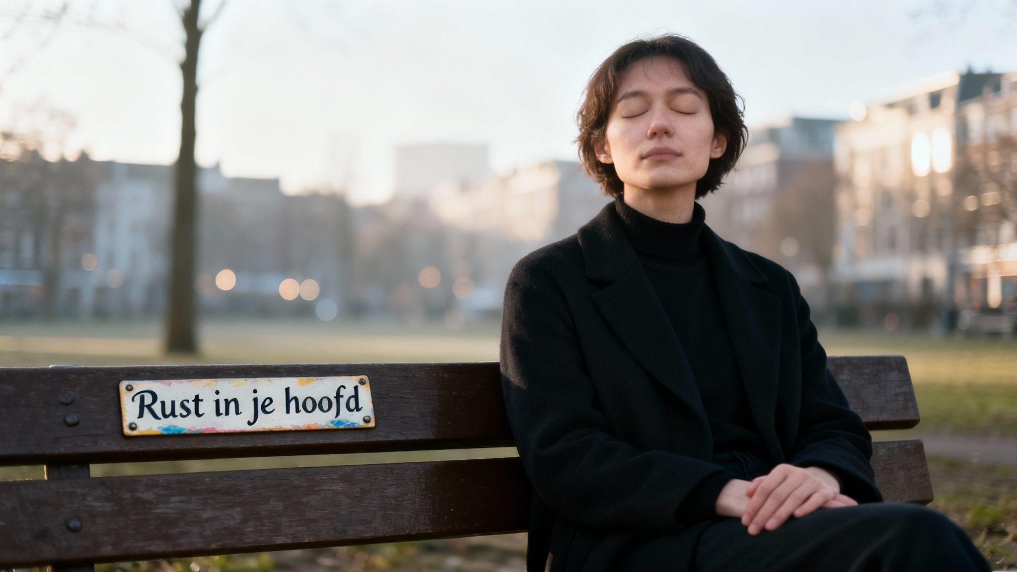 Een persoon zit met gesloten ogen op een parkbankje, met een bordje 'Rust in je hoofd' op de bank.