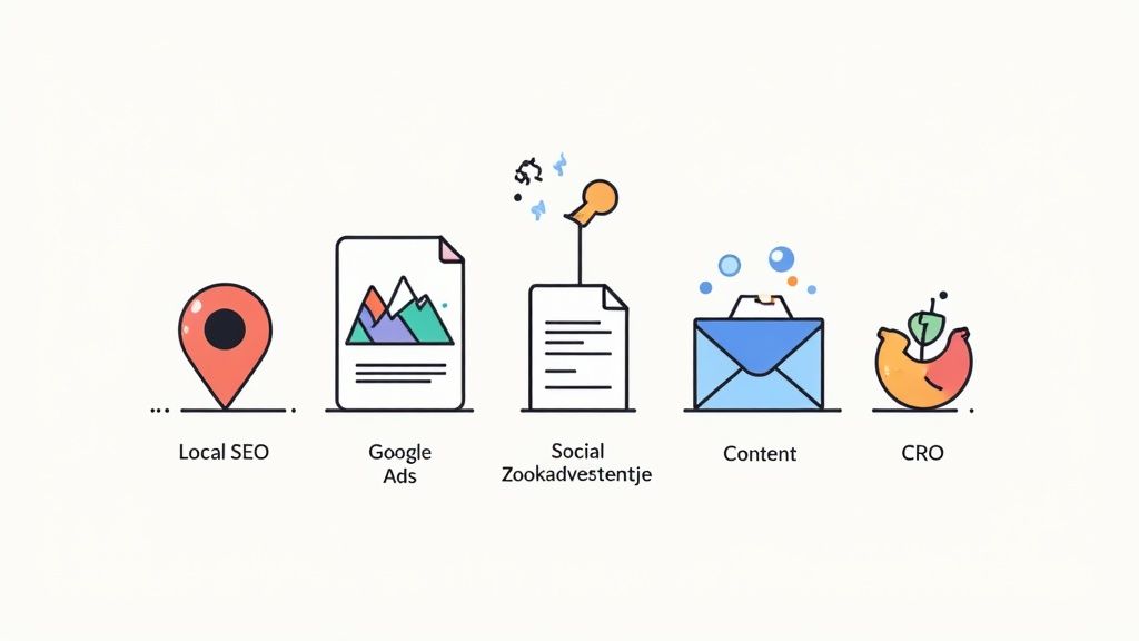 Vijf pilaren die een stevig gebouw ondersteunen, wat de basis van marketing symboliseert.