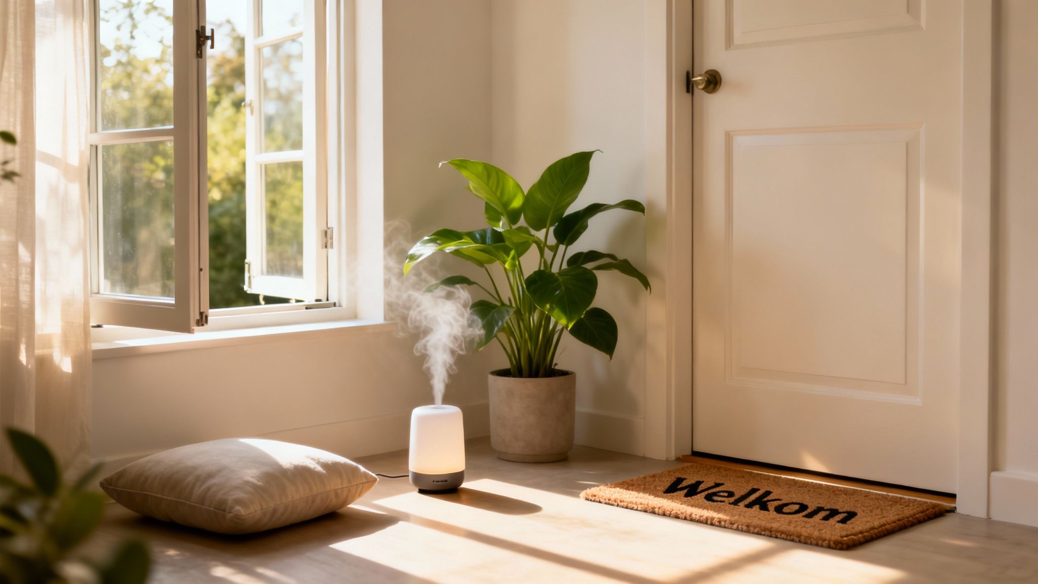 Binnenruimte met een werkende aroma diffuser, een open raam, groene plant en Welkom deurmat.