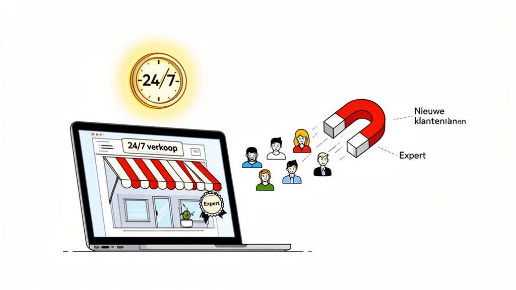 Afbeelding van een laptop met een 24/7 online winkel, die nieuwe klanten aantrekt met expertise.