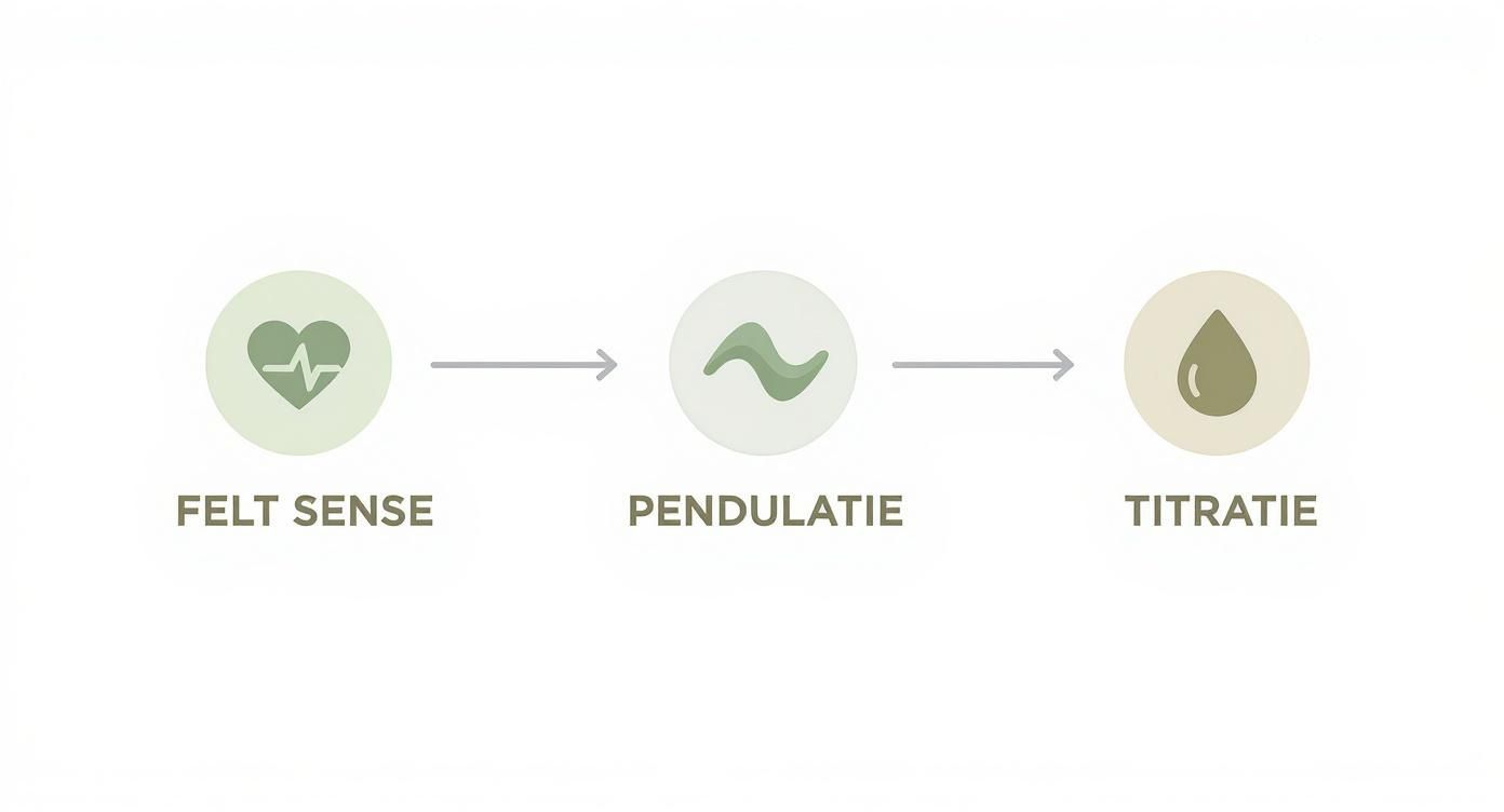 Drie kernconcepten van Somatic Experiencing: Felt Sense, Pendulatie en Titratie, lineair weergegeven.