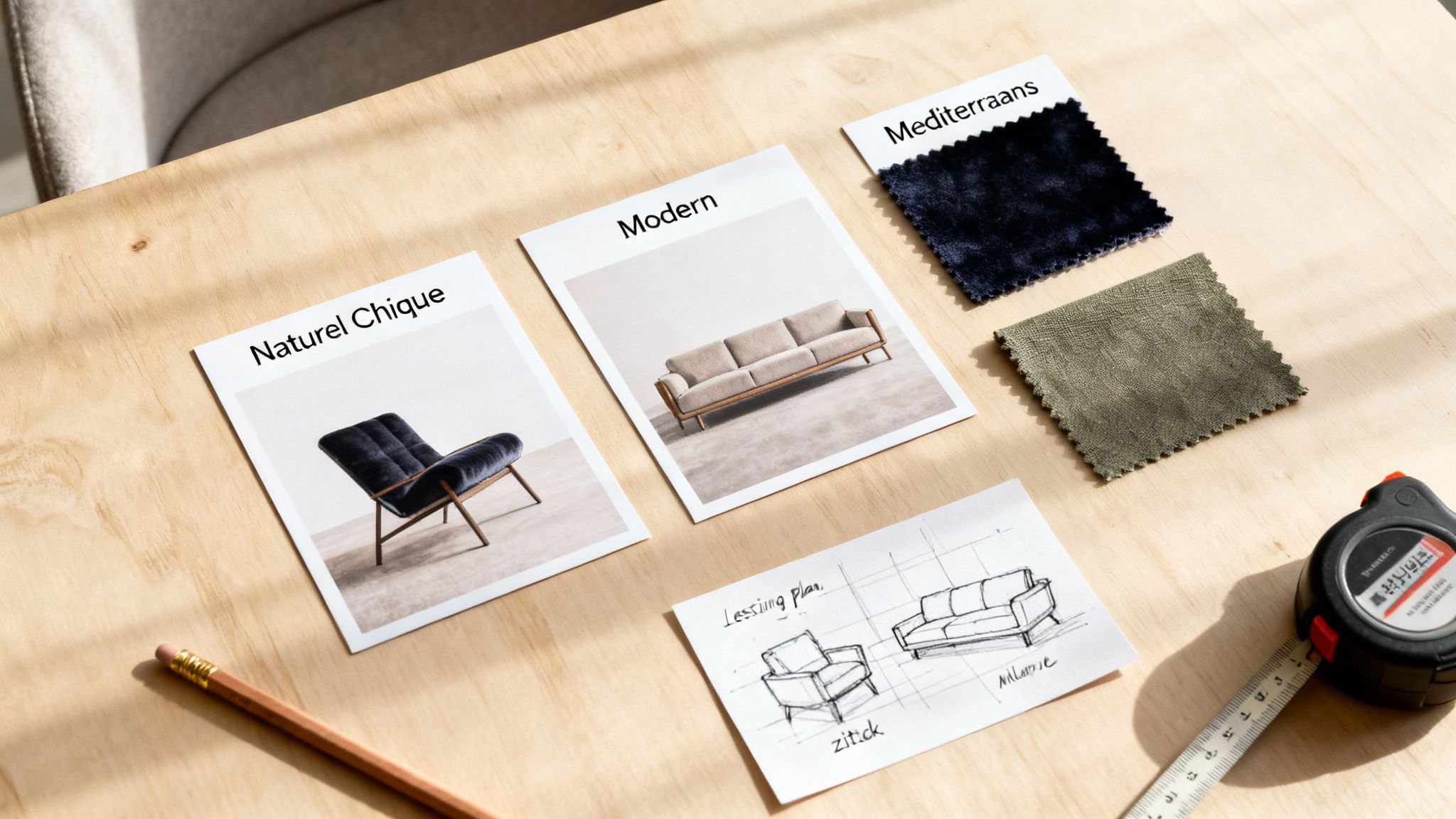 Een houten tafel met materialen voor interieurontwerp, waaronder meubelfoto's, stofstalen, een schets en een meetlint.