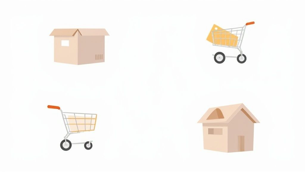Vier e-commerce iconen: een open doos, een winkelwagen met prijskaartje, een lege winkelwagen en een huis.
