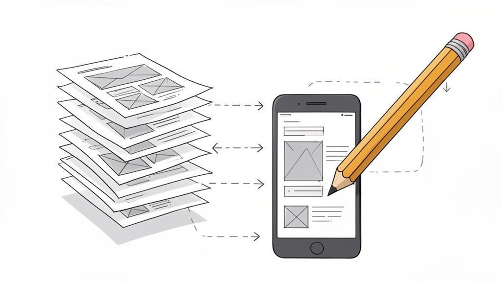 Afbeelding van gestapelde papieren wireframes die overgaan in een mobiel ontwerp op een smartphone, met een potlood.