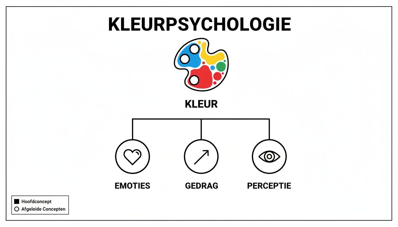 Een diagram dat kleurenpsychologie uitlegt, met 'Kleur' als hoofdconcept en 'Emoties', 'Gedrag' en 'Perceptie' als afgeleide concepten.