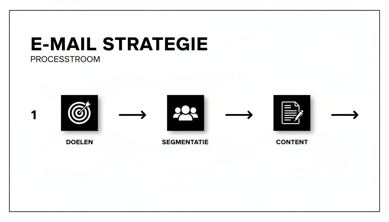 Overzicht van de e-mail marketing strategie processtroom, met stappen zoals doelen, segmentatie en content.