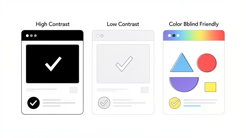 Drie weergaven van een gebruikersinterface die toegankelijkheid tonen: hoog contrast, laag contrast en kleurvriendelijk.