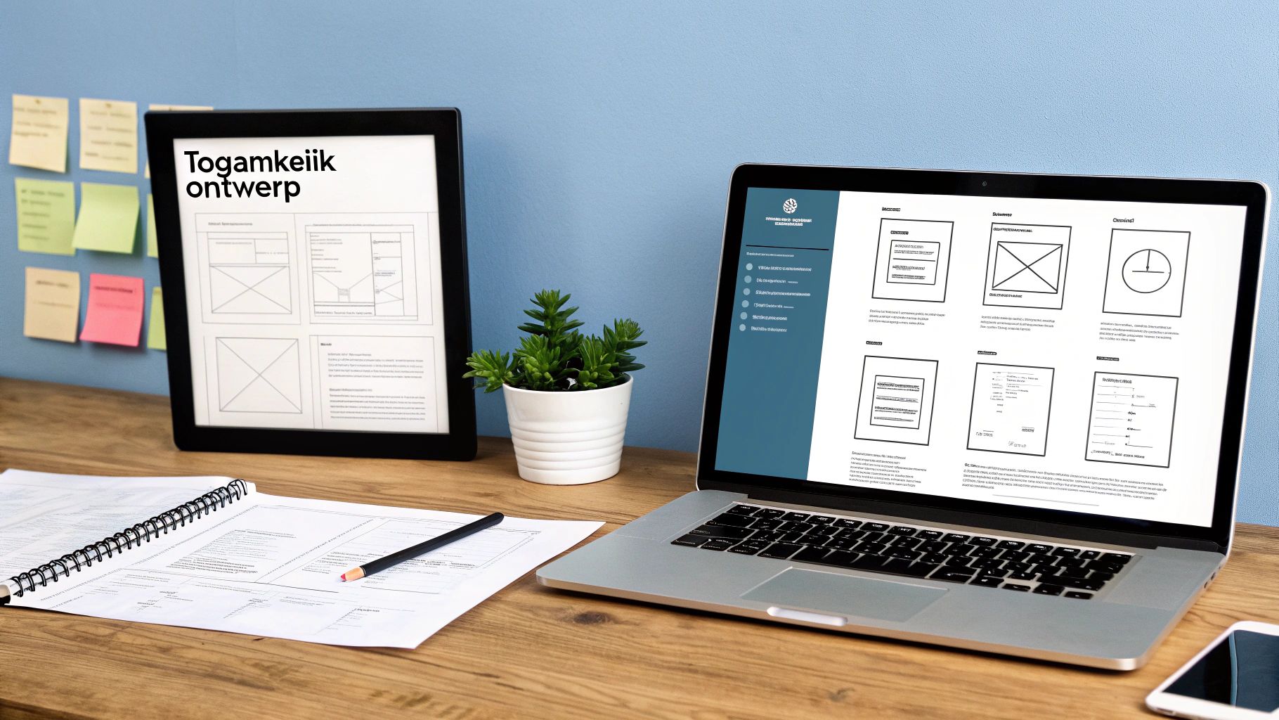 Een divers team werkt samen aan een tafel, brainstormend over een toegankelijk webdesign op een laptop.