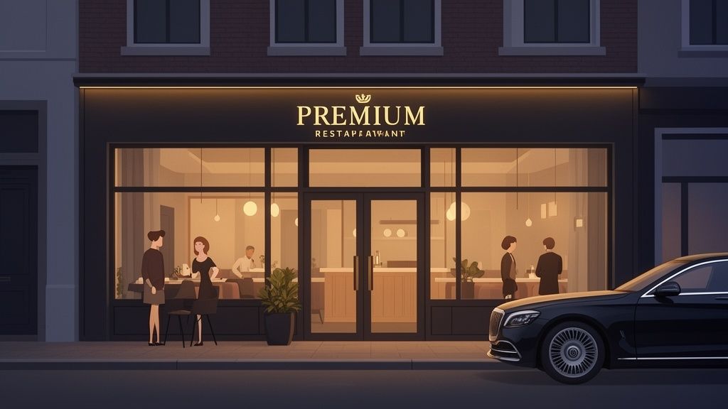 Sfeervol restaurant met warm licht, mensen binnen en een luxe auto buiten, bij schemering.