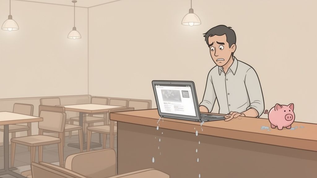 Een gestresste man kijkt naar zijn lekkende laptop op een balie met een spaarvarken ernaast.