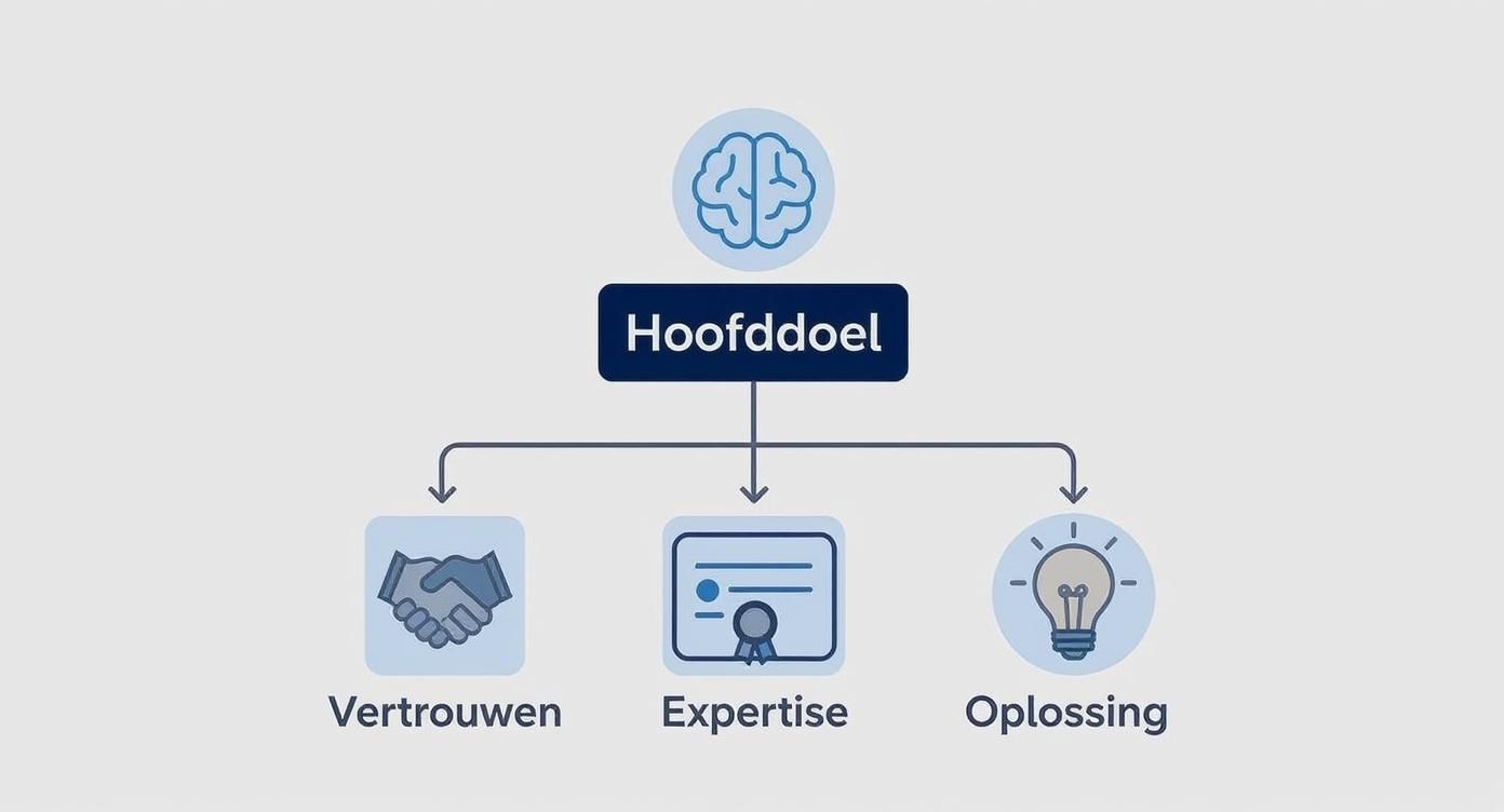 Diagram dat het hoofddoel visualiseert met vertrouwens-, expertise- en oplossingspijlers voor succes.