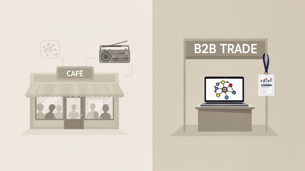 Illustratie van een café met radio en een B2B-stand met laptop, lanyards en netwerkdiagrammen.