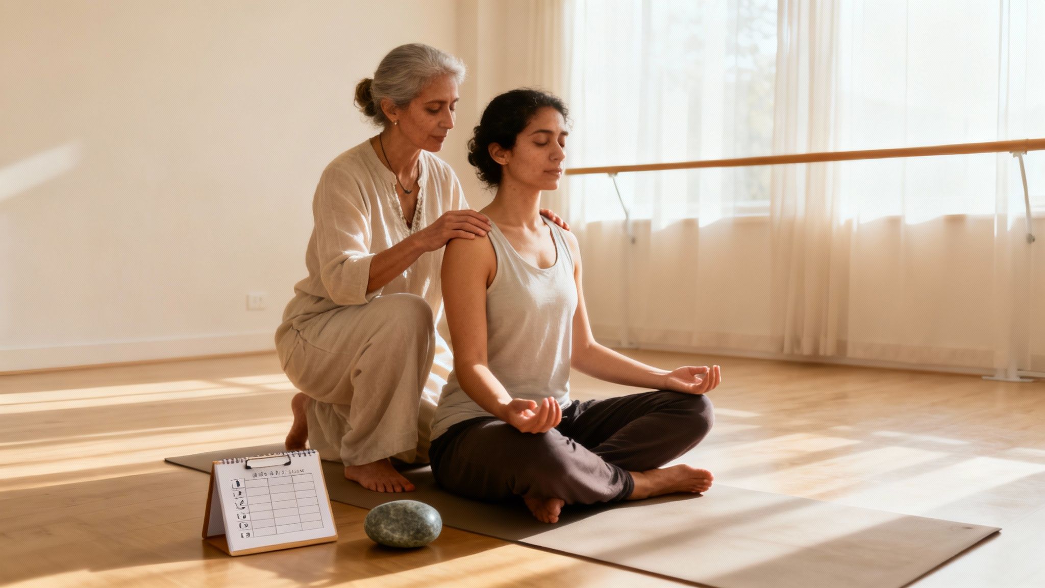 Een groep mensen die yoga beoefent in een rustige studio, wat de veilige en ondersteunende omgeving voor kundalini yoga symboliseert.