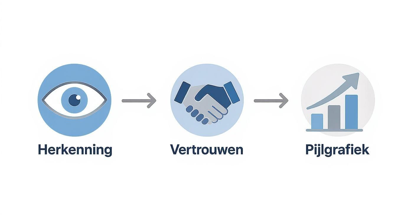 Een visuele weergave van de stappen van herkenning, vertrouwen en groei, gesymboliseerd door een oog, handdruk en staafdiagram.