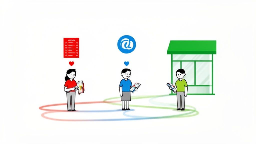 Drie cartoonfiguren communiceren via digitale apparaten, verbonden door gekleurde paden, met symbolen erboven.