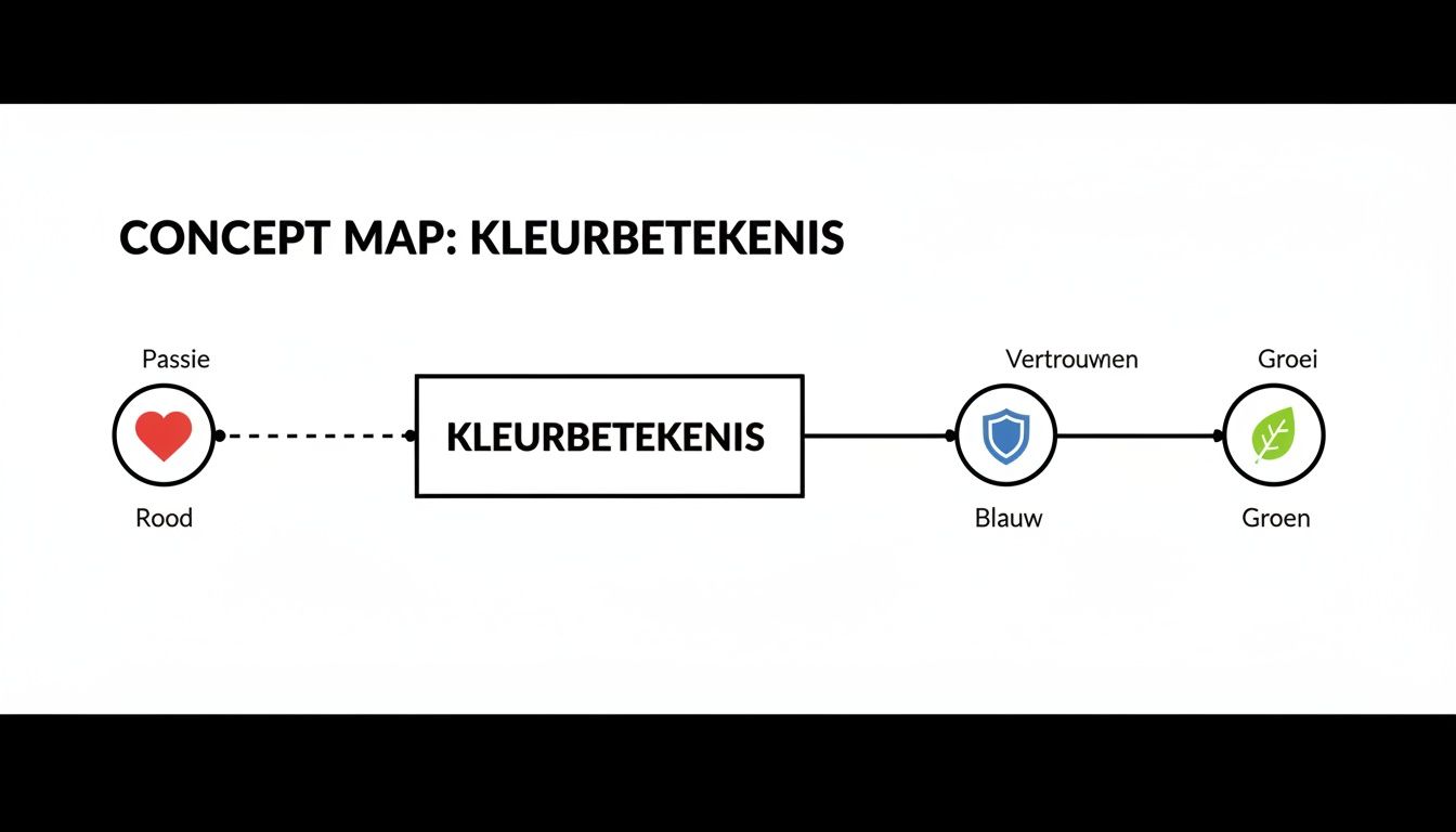 Concept map met de betekenis van kleuren: Rood staat voor Passie, Blauw voor Vertrouwen, Groen voor Groei.