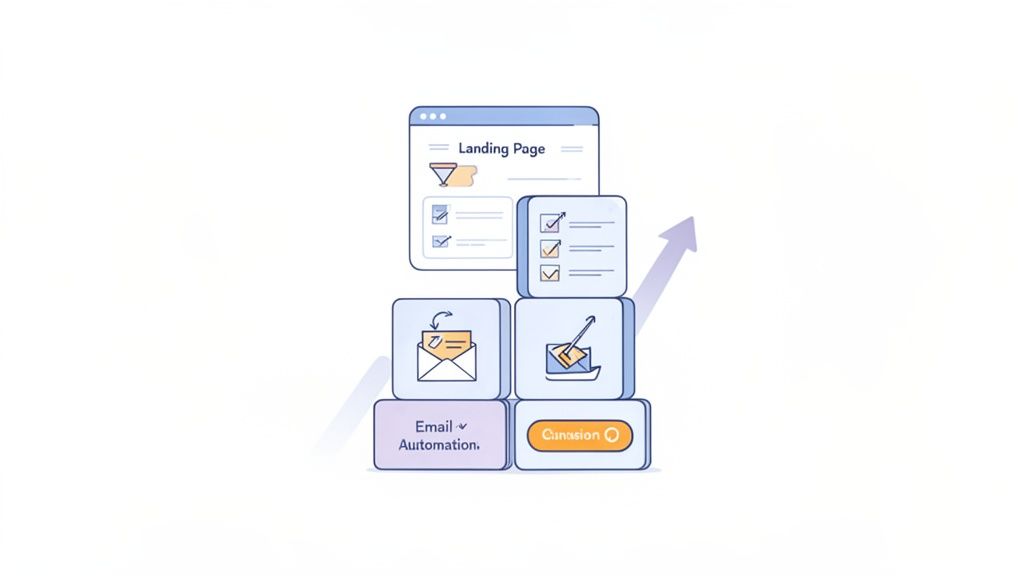 Een illustratie van een marketingtrechter met landingspagina, e-mailautomatisering en conversie, die groei toont.