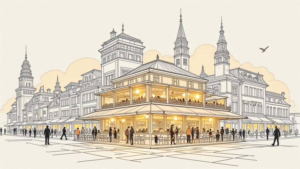 Geïllustreerde schets van een modern restaurant met terras op een bruisend stadsplein in historisch centrum
